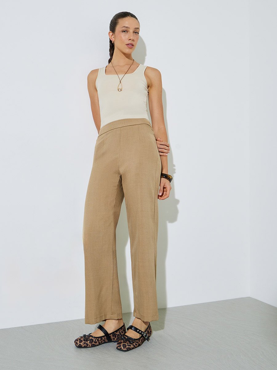 Beige Solid Wide Leg Pants with Elasticated Waistband