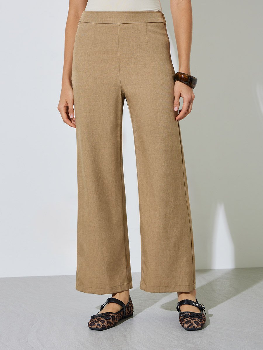 Beige Solid Wide Leg Pants with Elasticated Waistband