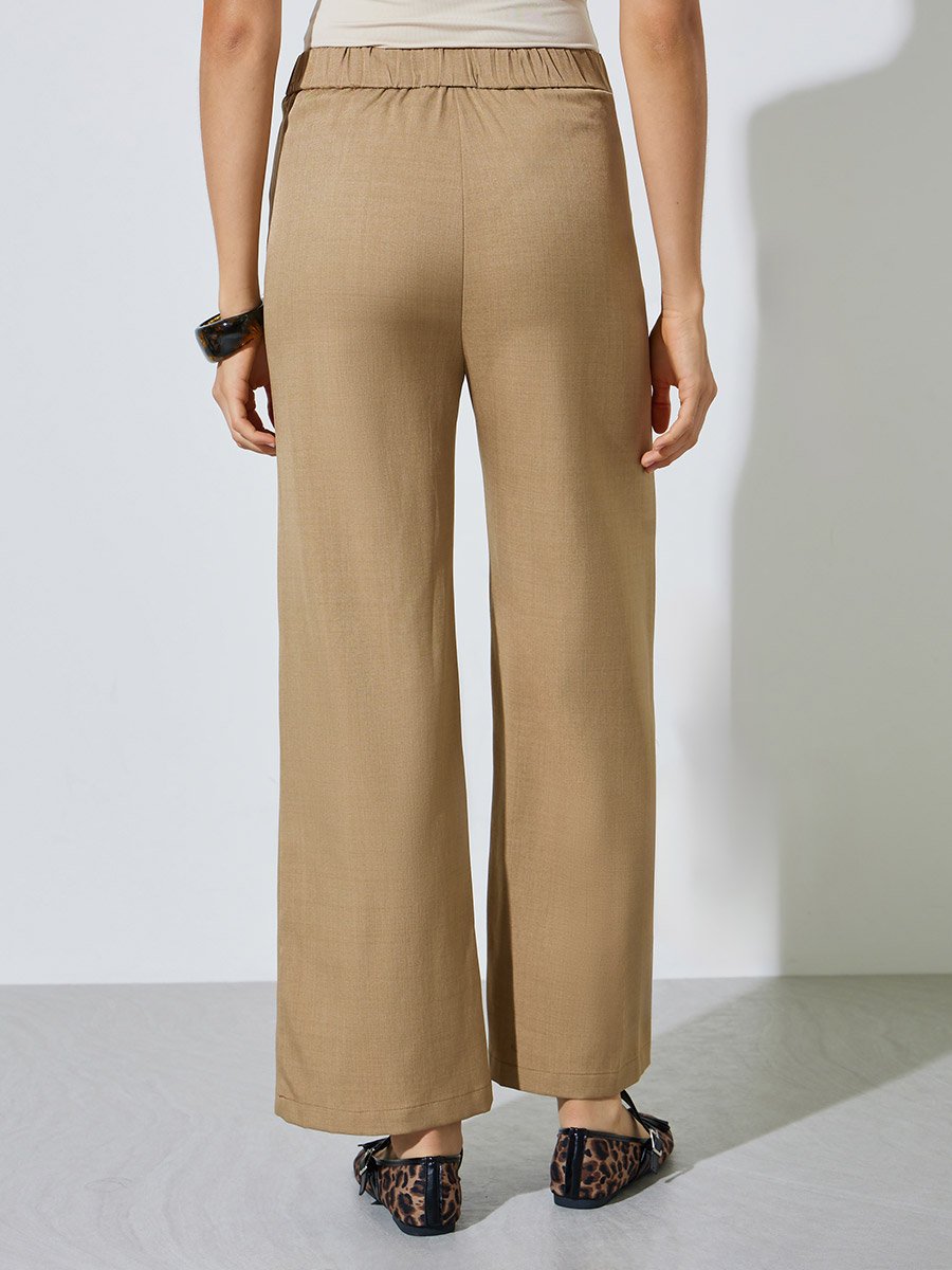Beige Solid Wide Leg Pants with Elasticated Waistband