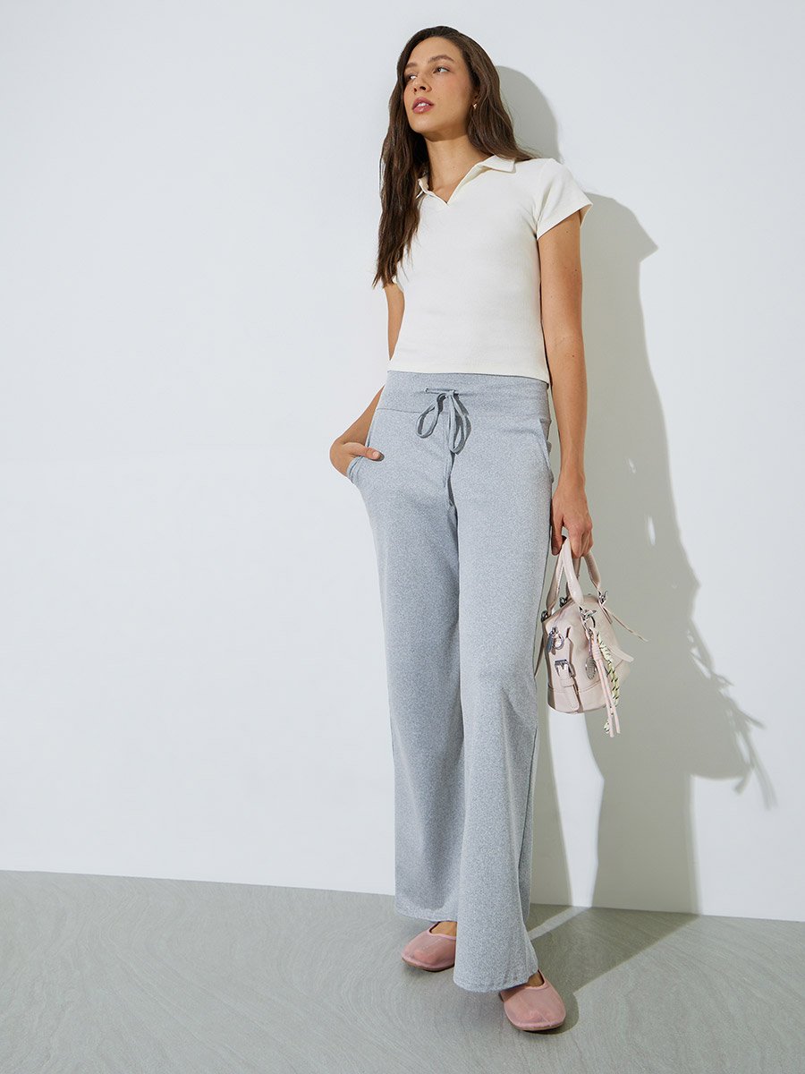 Grey Straight Leg Pants with Drawcord
