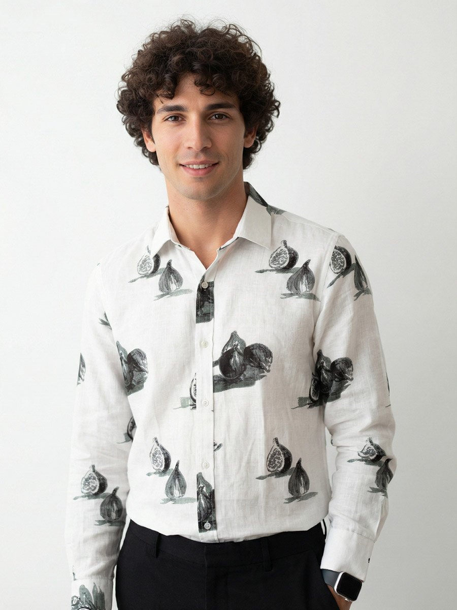 Mens Off-White Fig Print Casual Shirt with Spread Collar