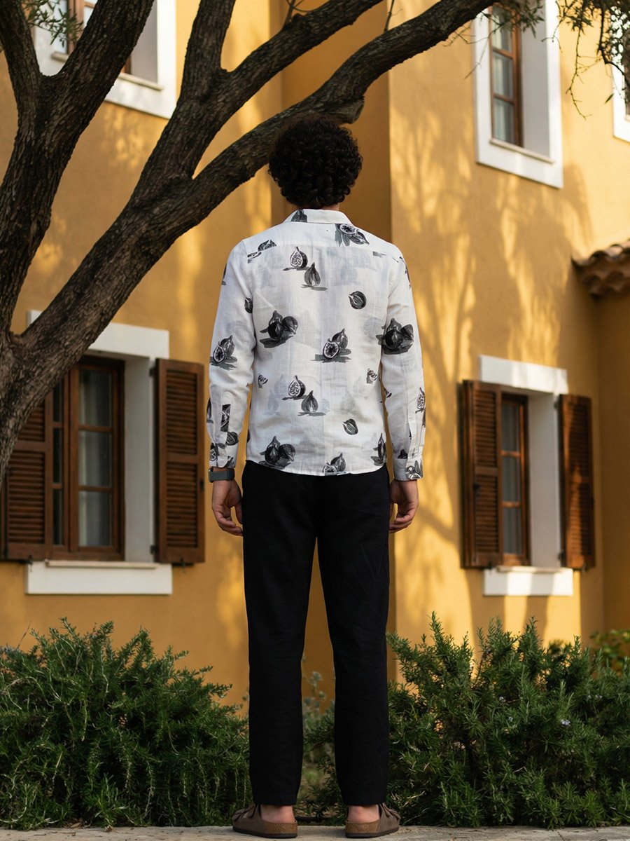 Mens Off-White Fig Print Casual Shirt with Spread Collar