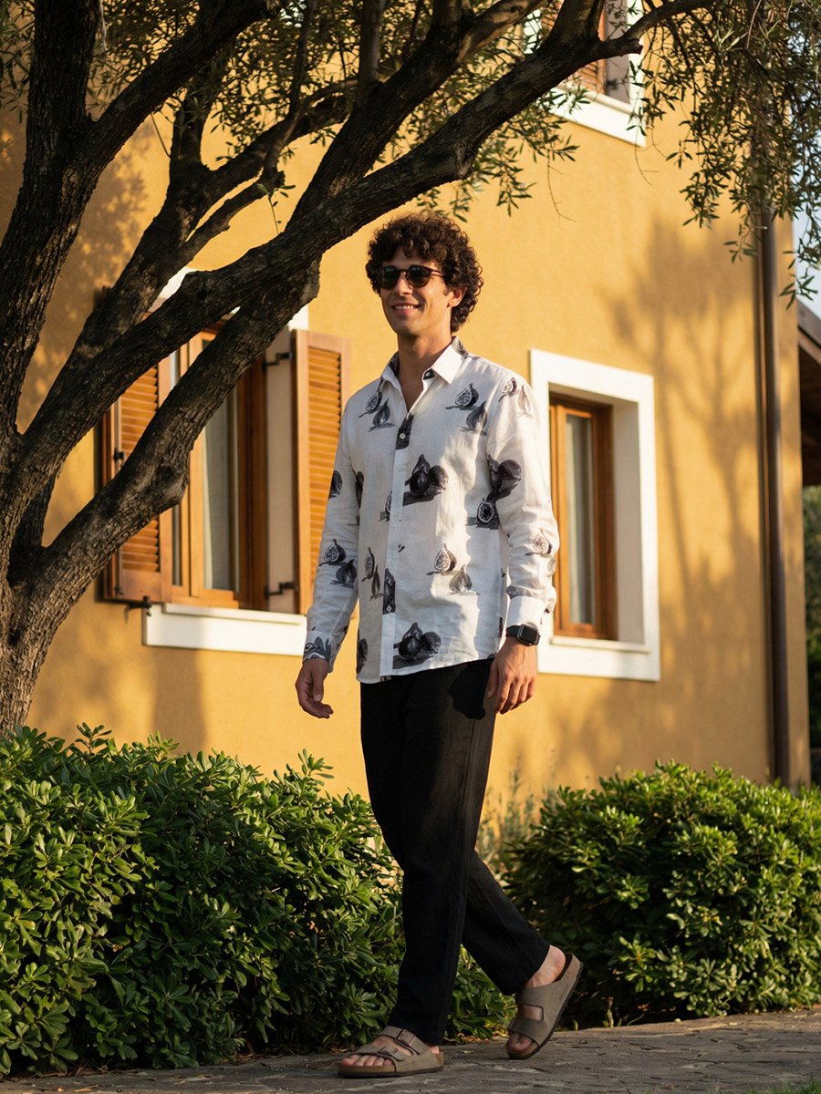 Mens Off-White Fig Print Casual Shirt with Spread Collar