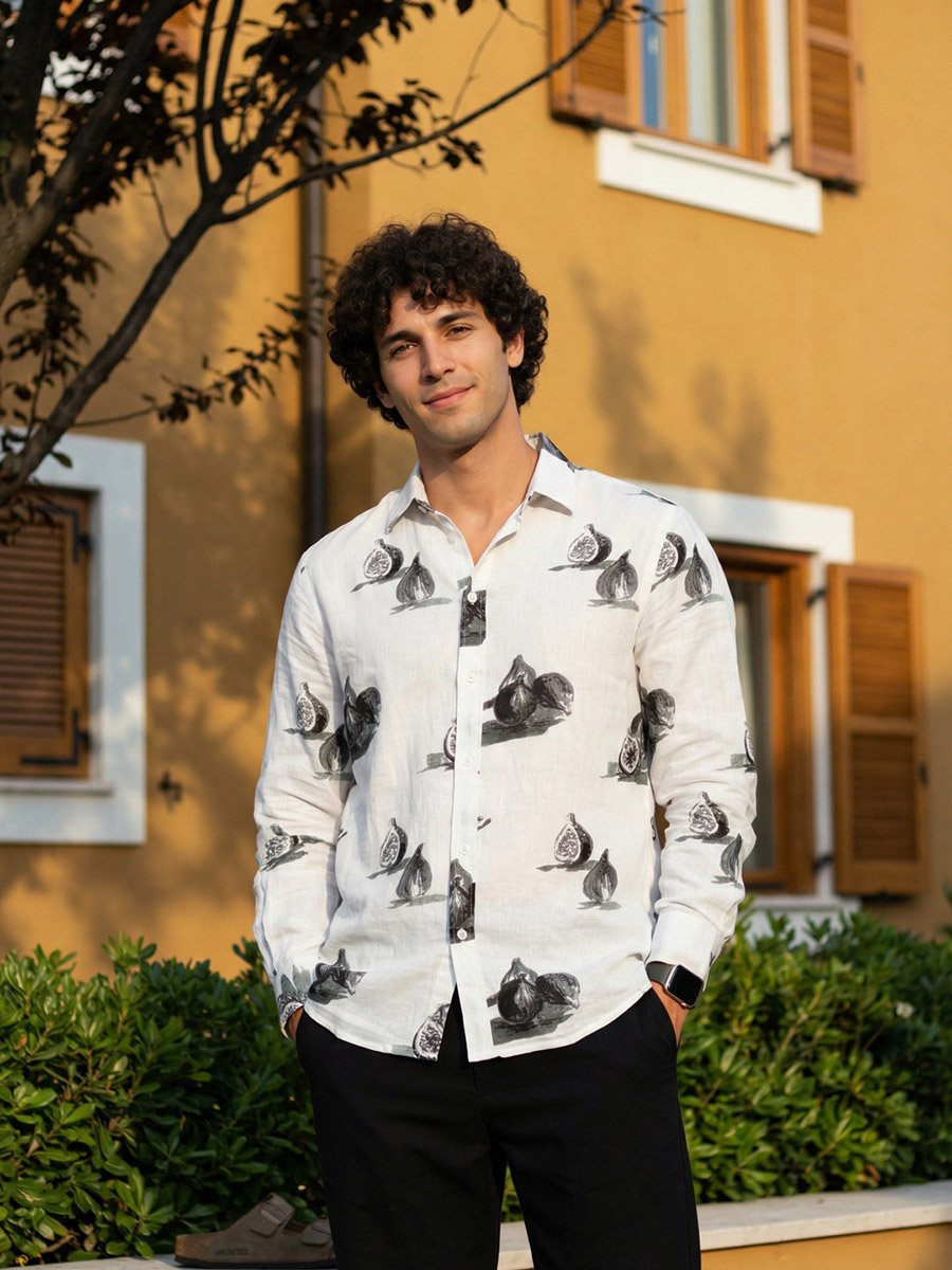 Mens Off-White Fig Print Casual Shirt with Spread Collar