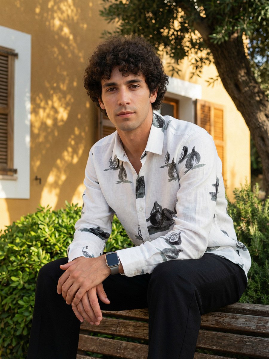 Mens Off-White Fig Print Casual Shirt with Spread Collar