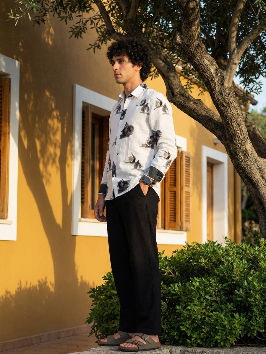 Mens Off-White Fig Print Casual Shirt with Spread Collar
