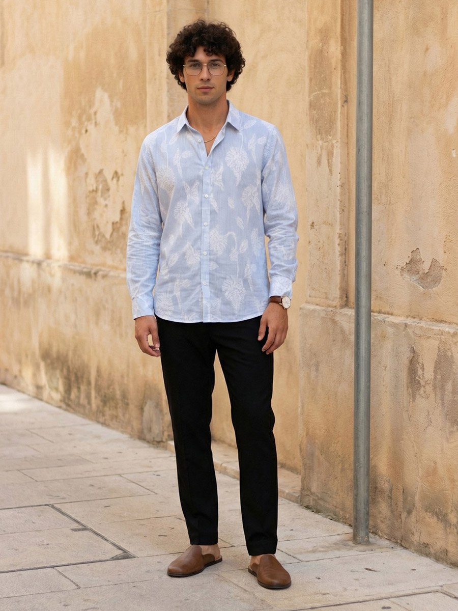 Mens Blue Floral Striped Spread Collar Shirt