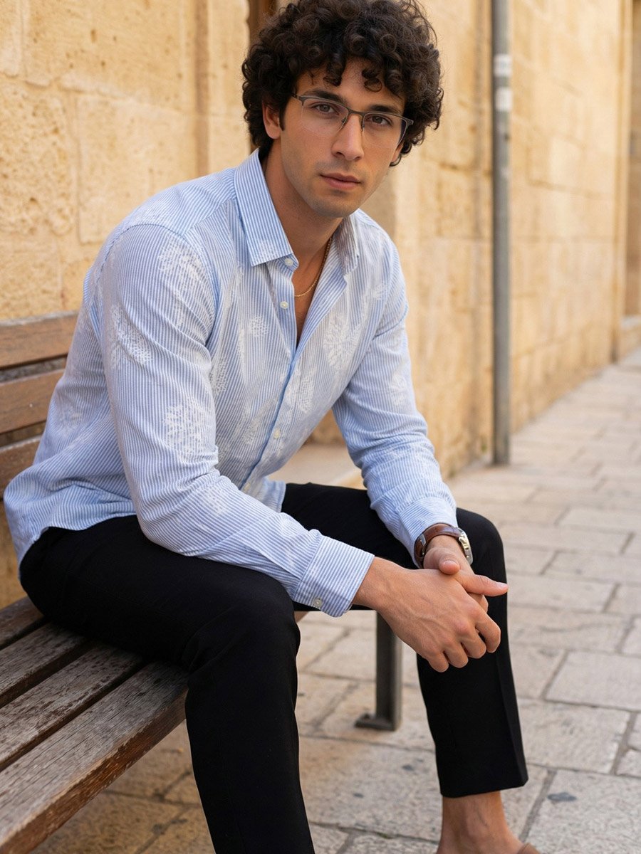 Mens Blue Floral Striped Spread Collar Shirt