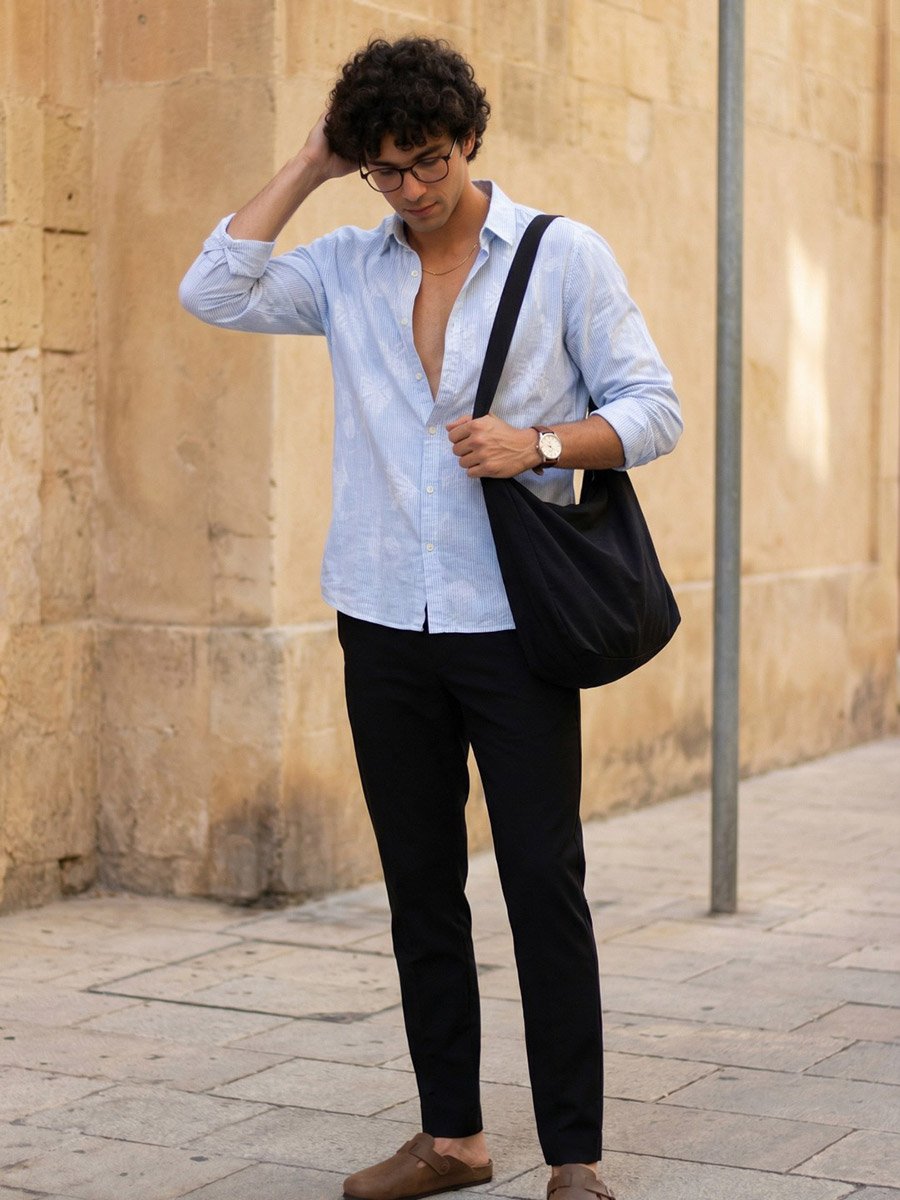 Mens Blue Floral Striped Spread Collar Shirt
