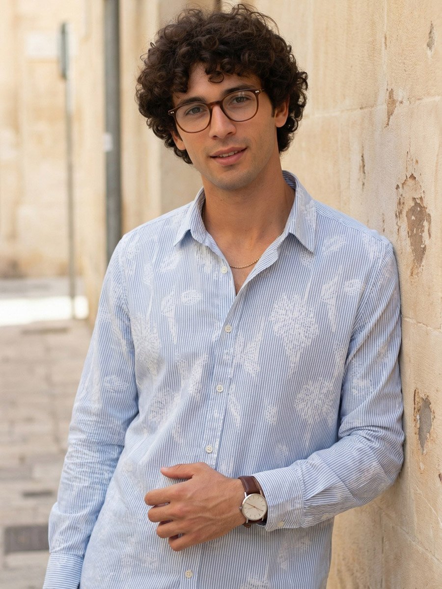 Mens Blue Floral Striped Spread Collar Shirt