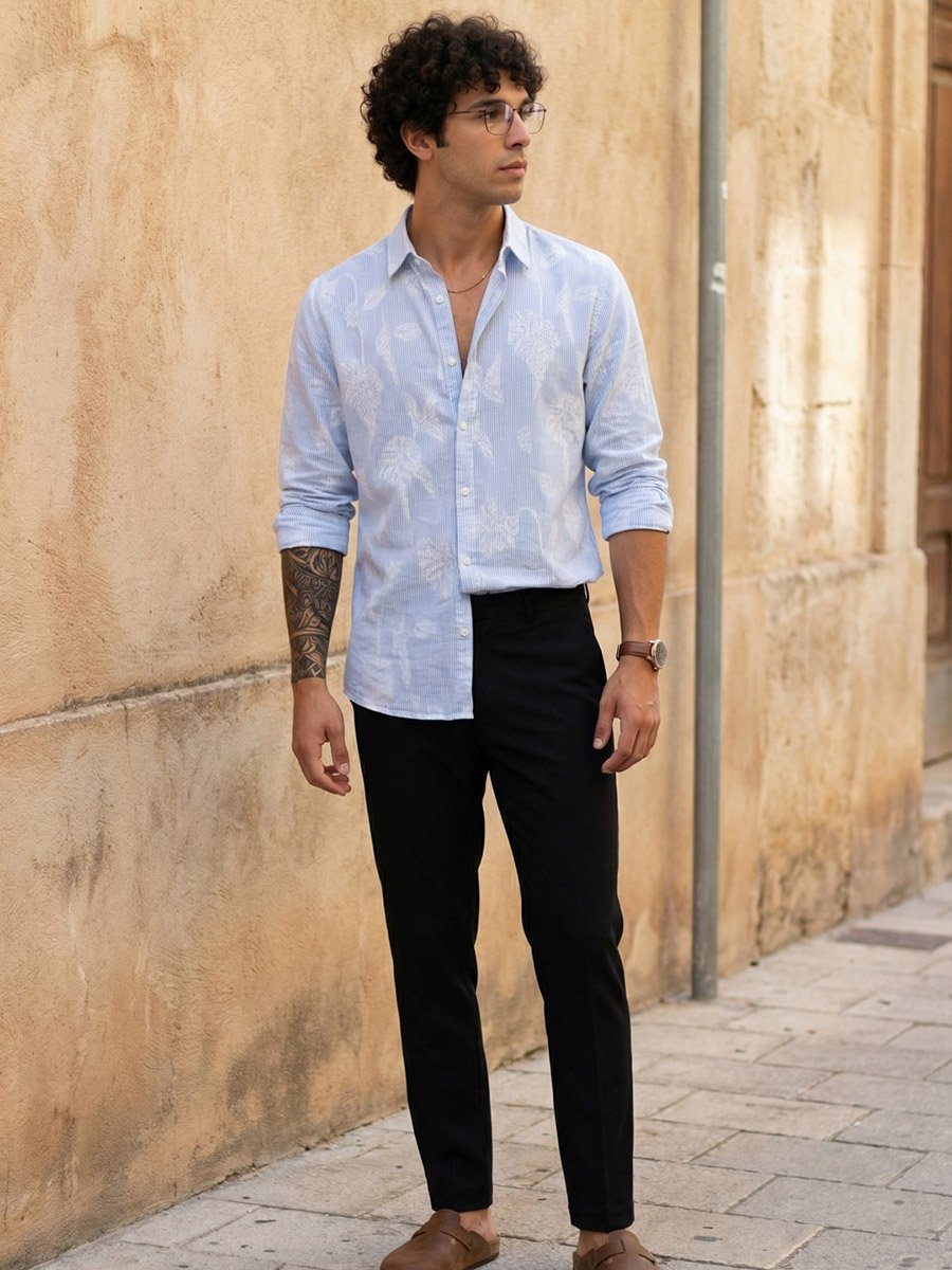 Mens Blue Floral Striped Spread Collar Shirt