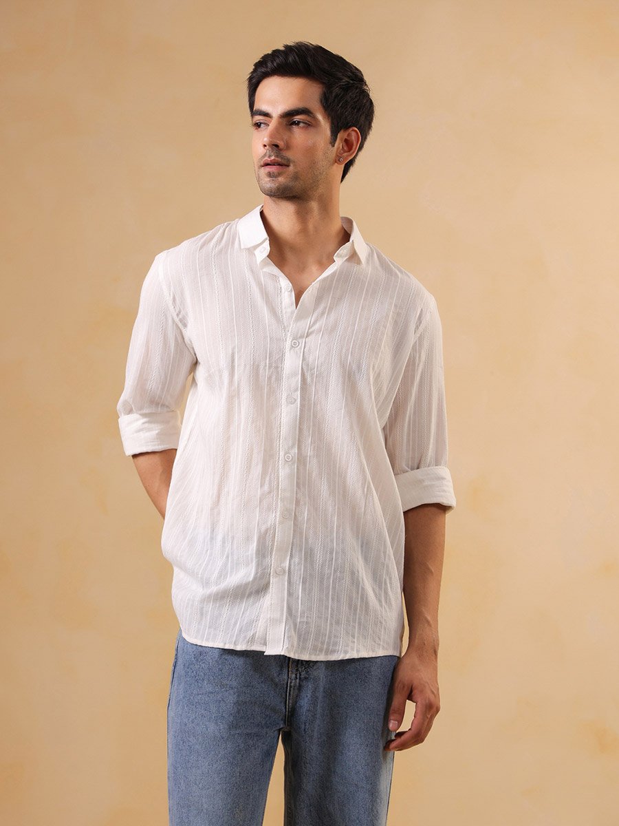White Striped Spread Collar Cotton Shirt