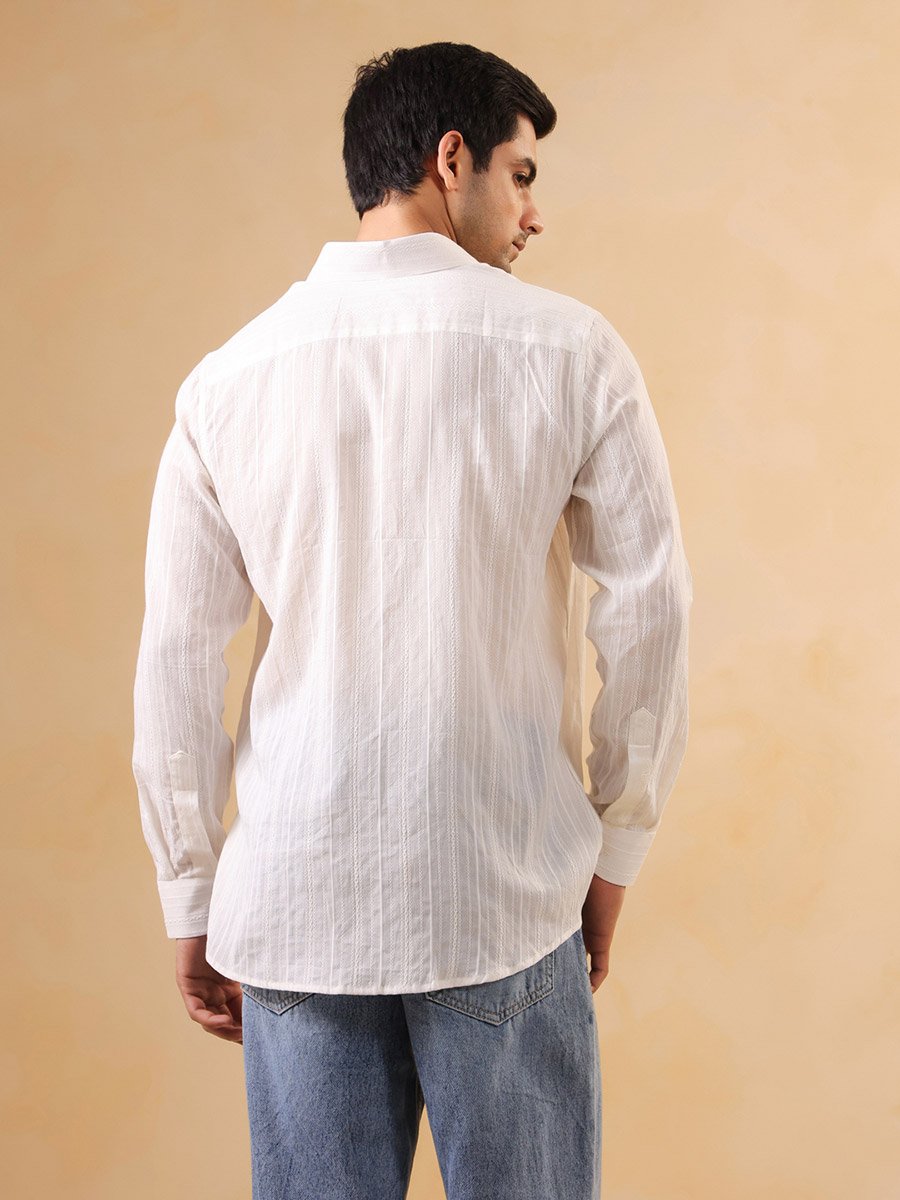 White Striped Spread Collar Cotton Shirt