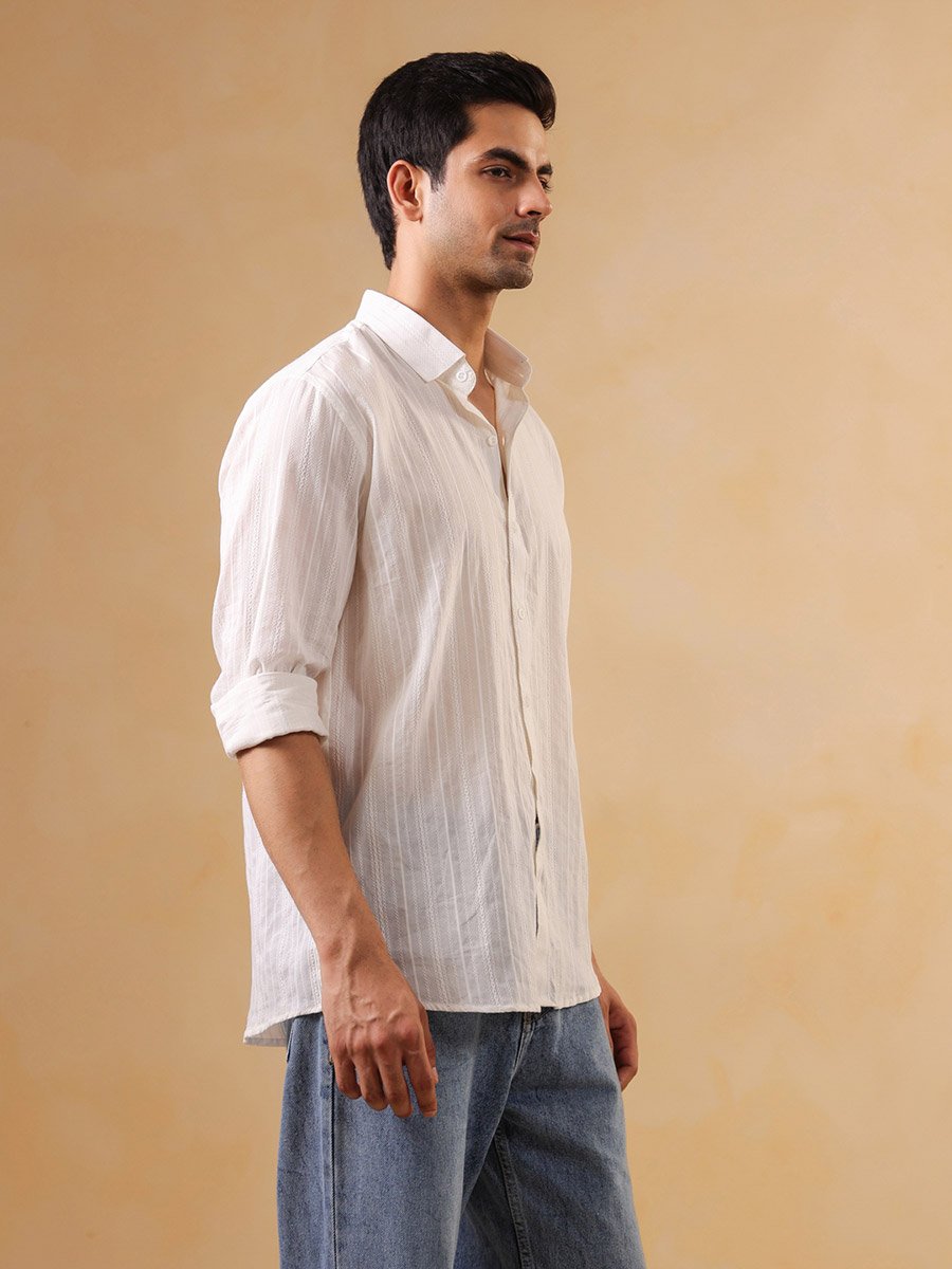 White Striped Spread Collar Cotton Shirt