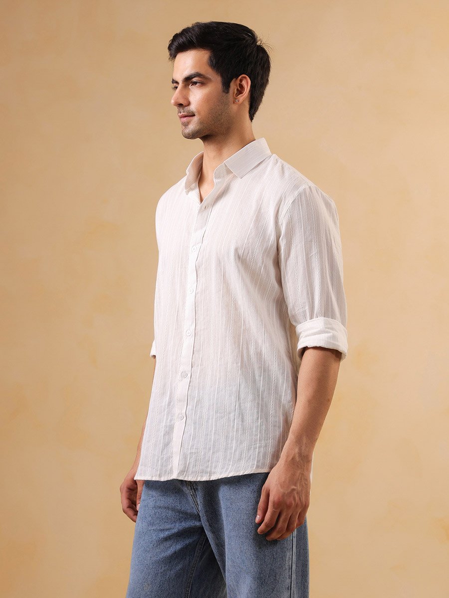 White Striped Spread Collar Cotton Shirt