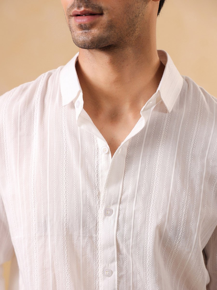 White Striped Spread Collar Cotton Shirt