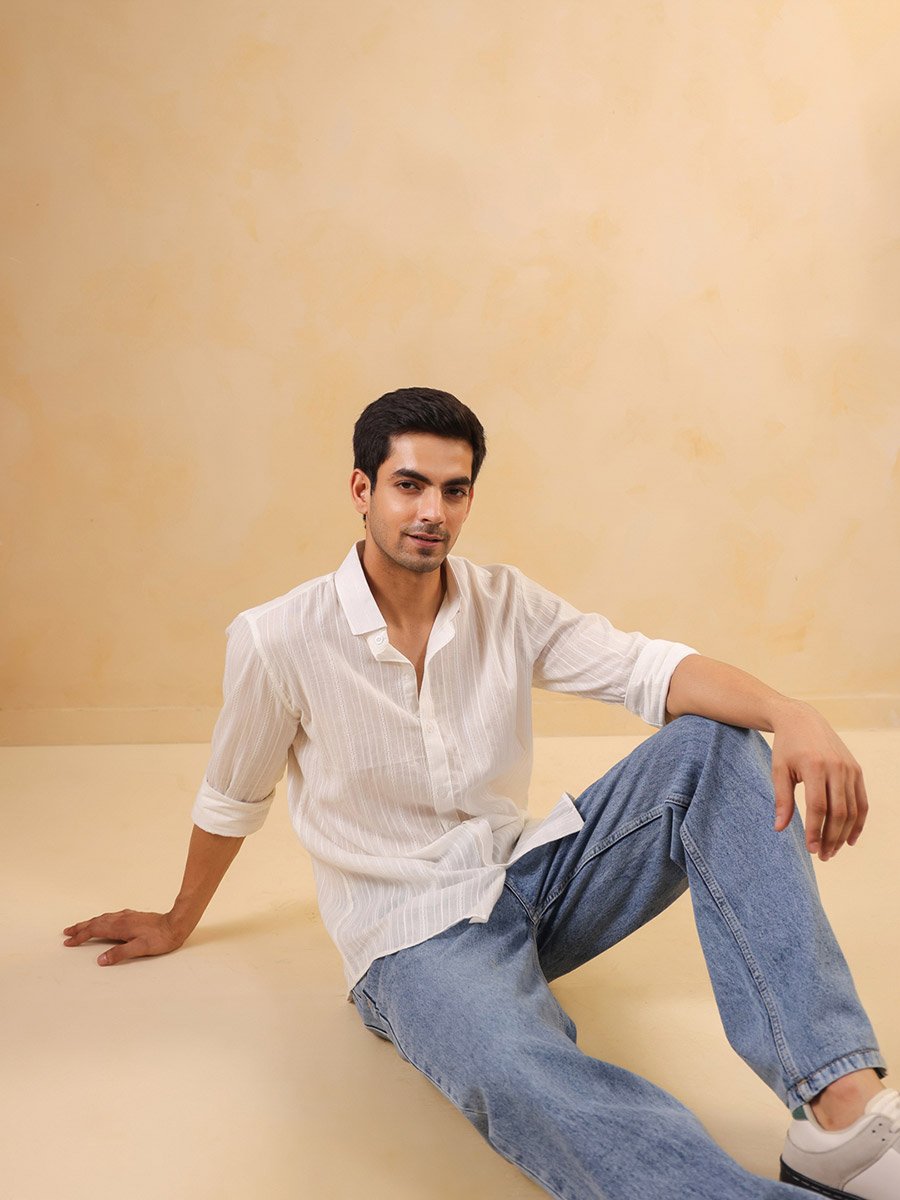 White Striped Spread Collar Cotton Shirt