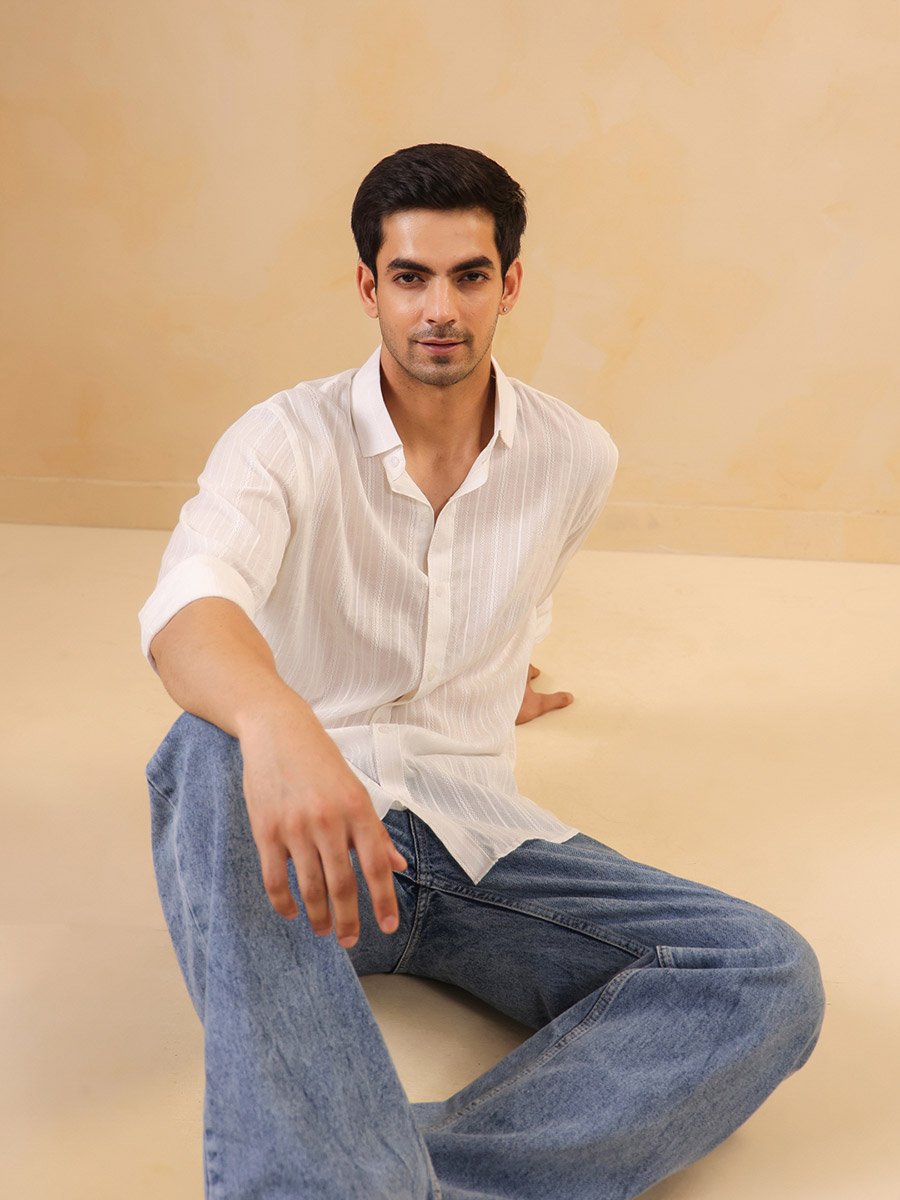 White Striped Spread Collar Cotton Shirt