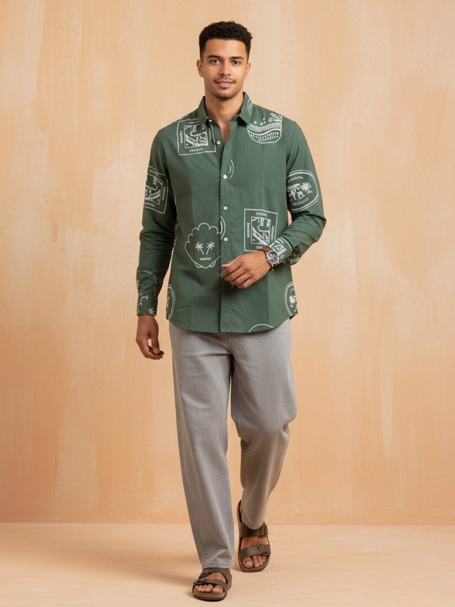 Men Green Printed Regular Fit Cotton Shirt