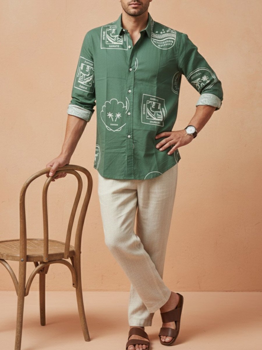 Men Green Printed Regular Fit Cotton Shirt