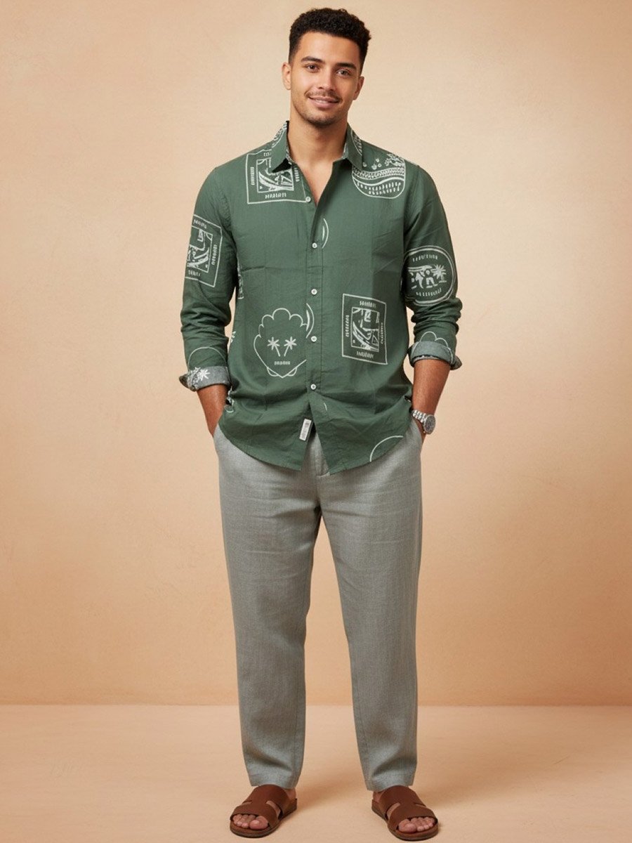 Men Green Printed Regular Fit Cotton Shirt