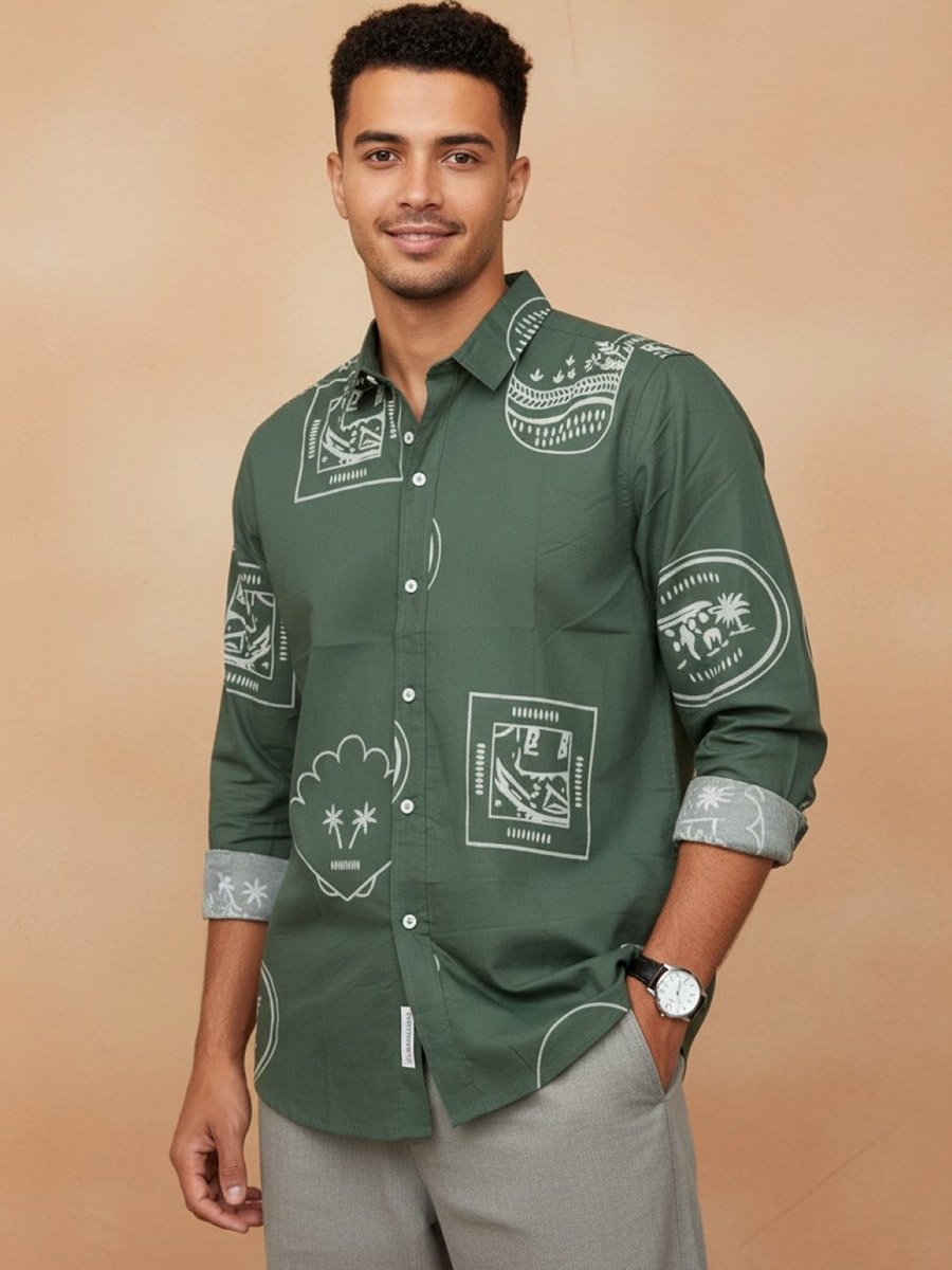 Men Green Printed Regular Fit Cotton Shirt