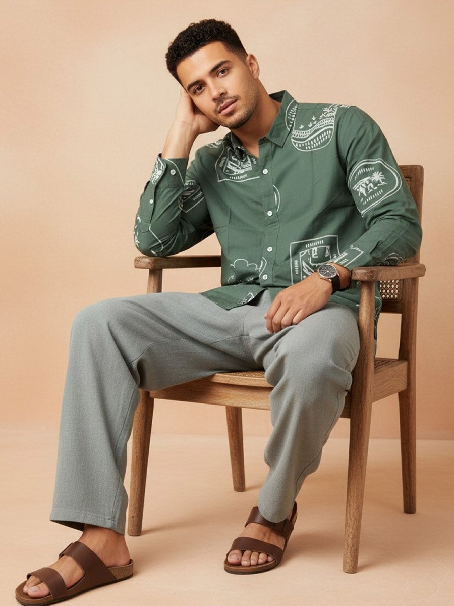 Men Green Printed Regular Fit Cotton Shirt