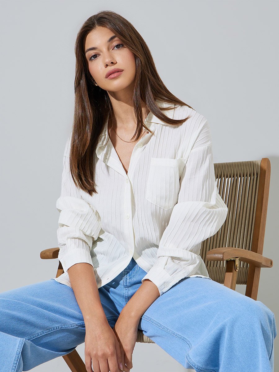 White Textued Long Sleeve Longline Shirt
