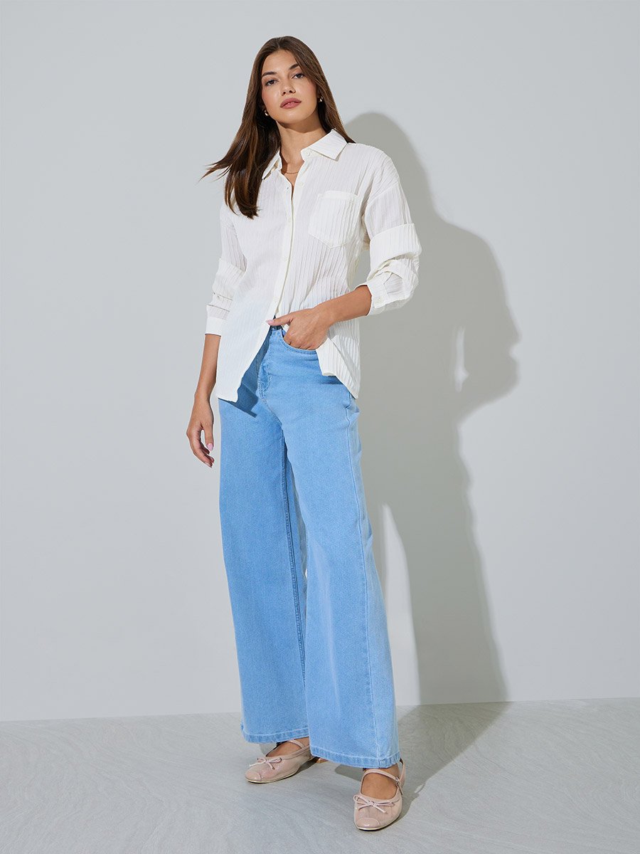 White Textued Long Sleeve Longline Shirt