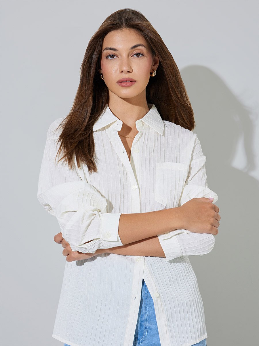 White Textued Long Sleeve Longline Shirt