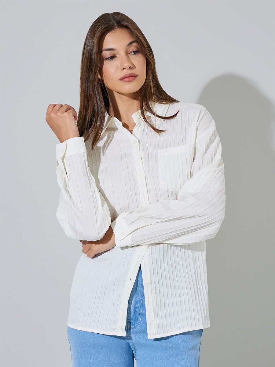 White Textued Long Sleeve Longline Shirt