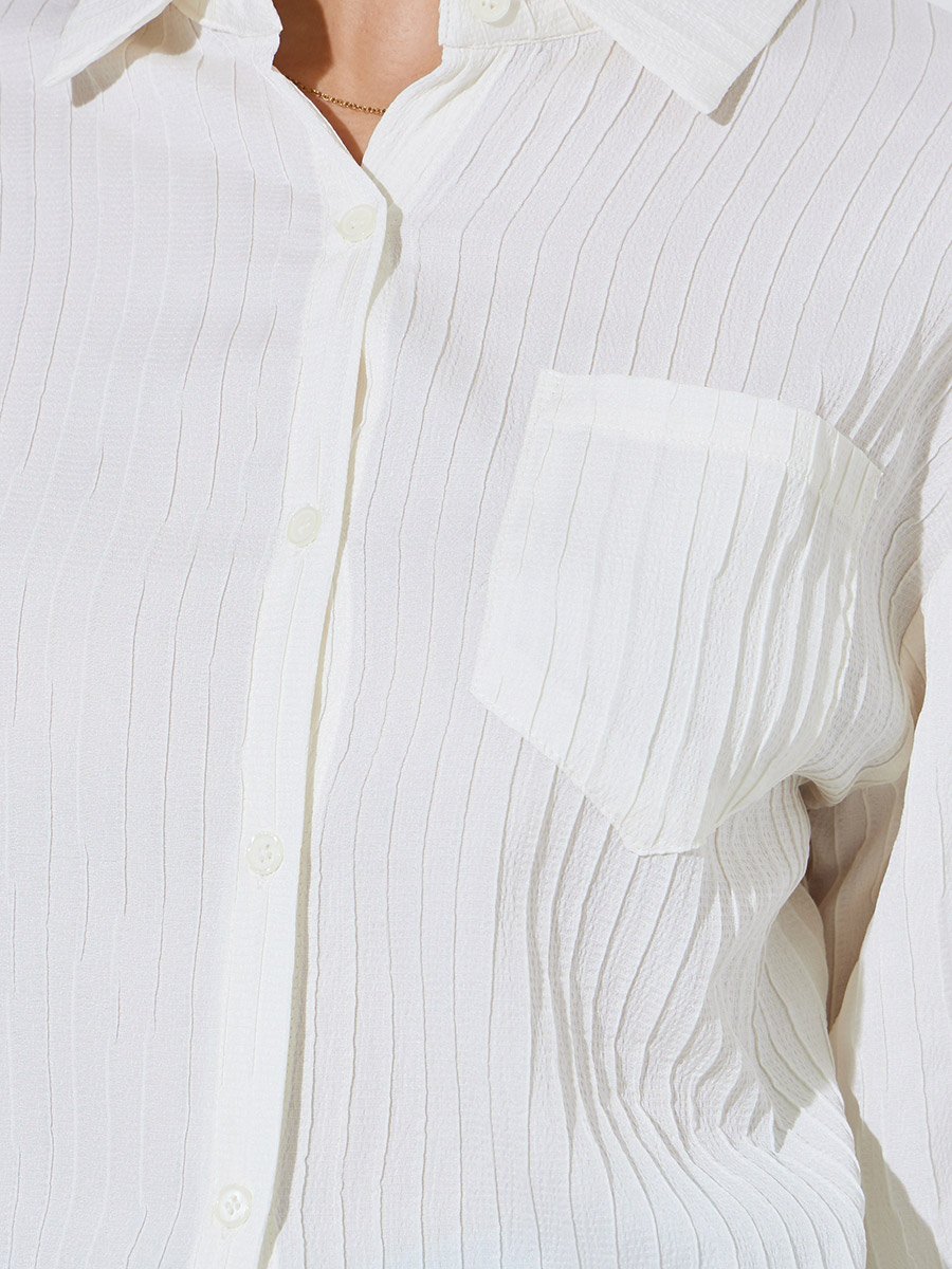 White Textued Long Sleeve Longline Shirt