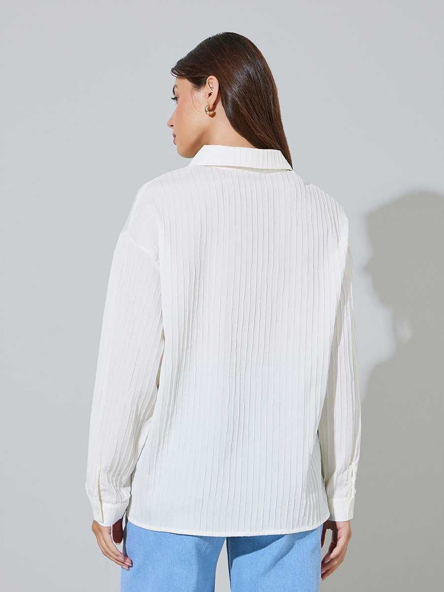White Textued Long Sleeve Longline Shirt