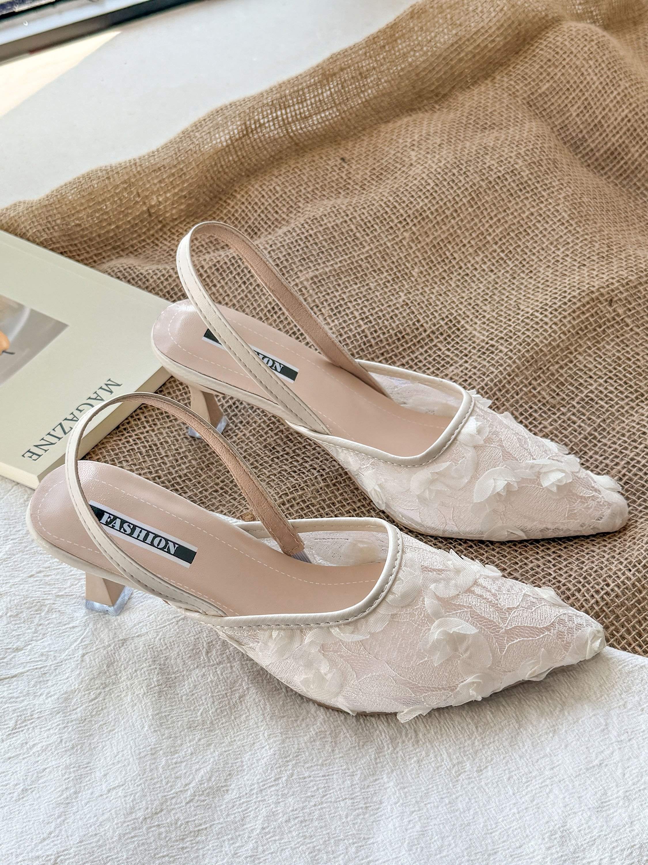 White Floral Lace Slingback Shoes