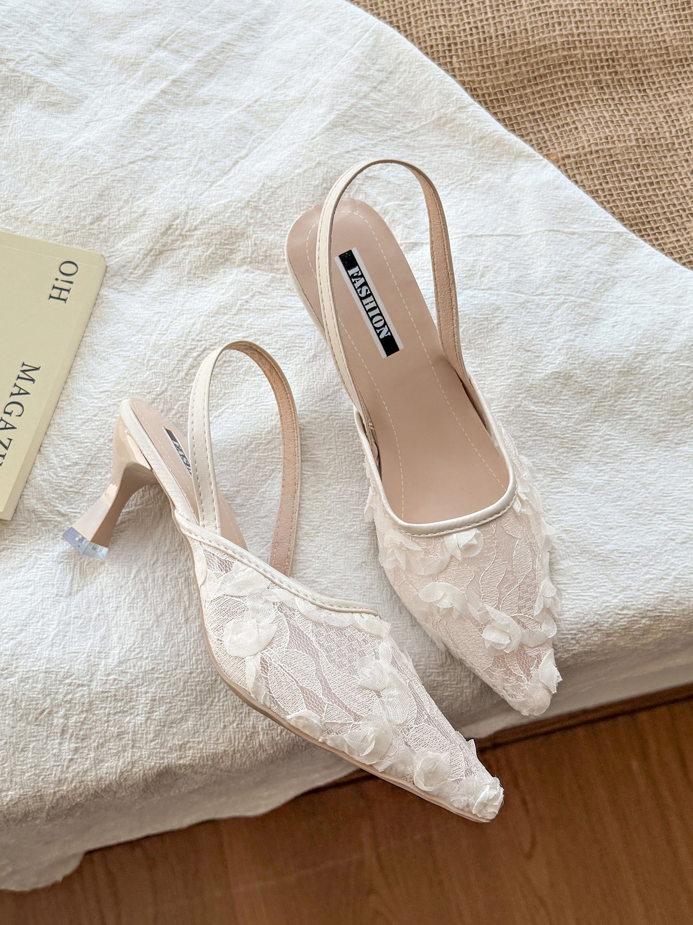 White Floral Lace Slingback Shoes