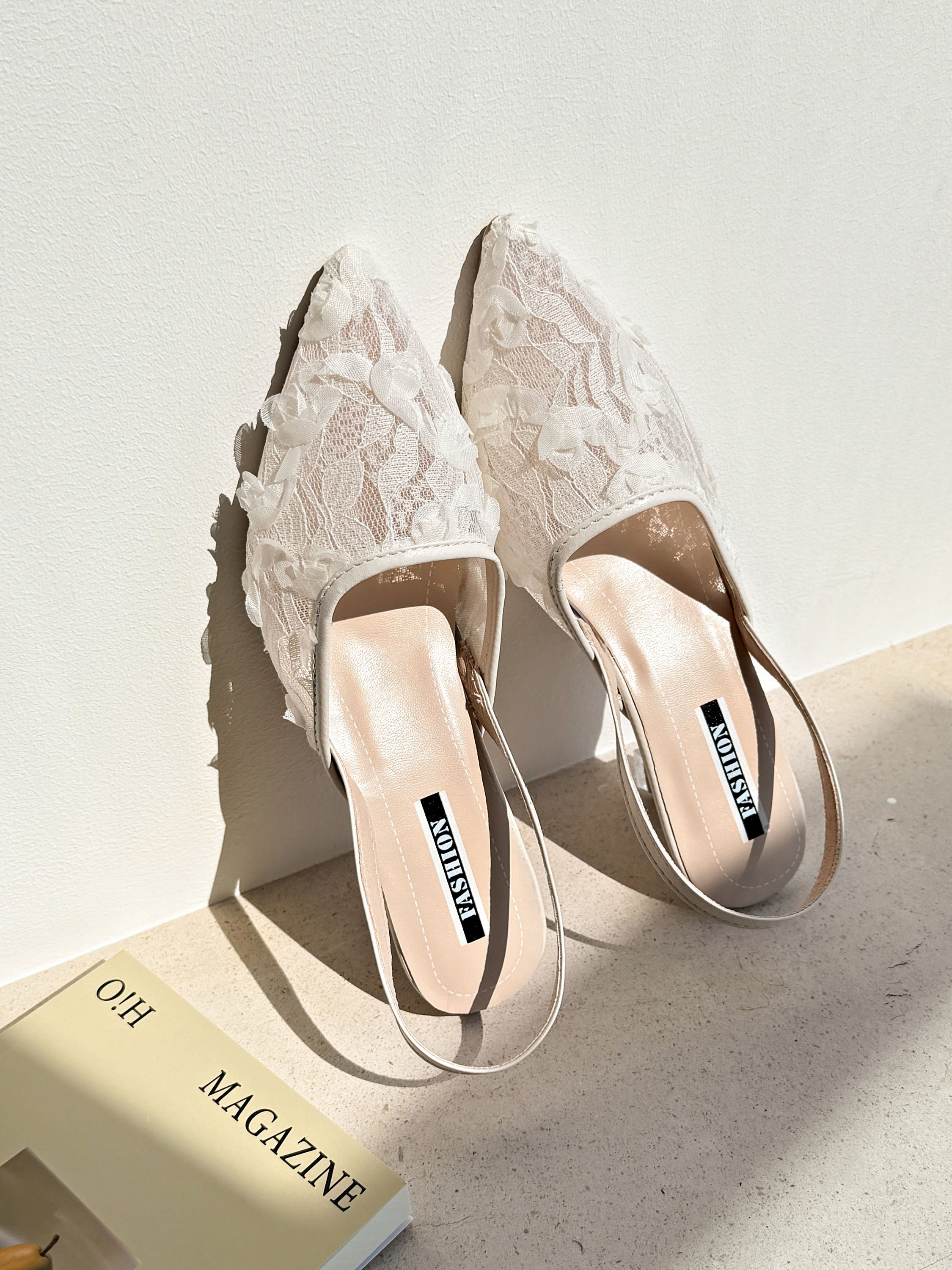 White Floral Lace Slingback Shoes