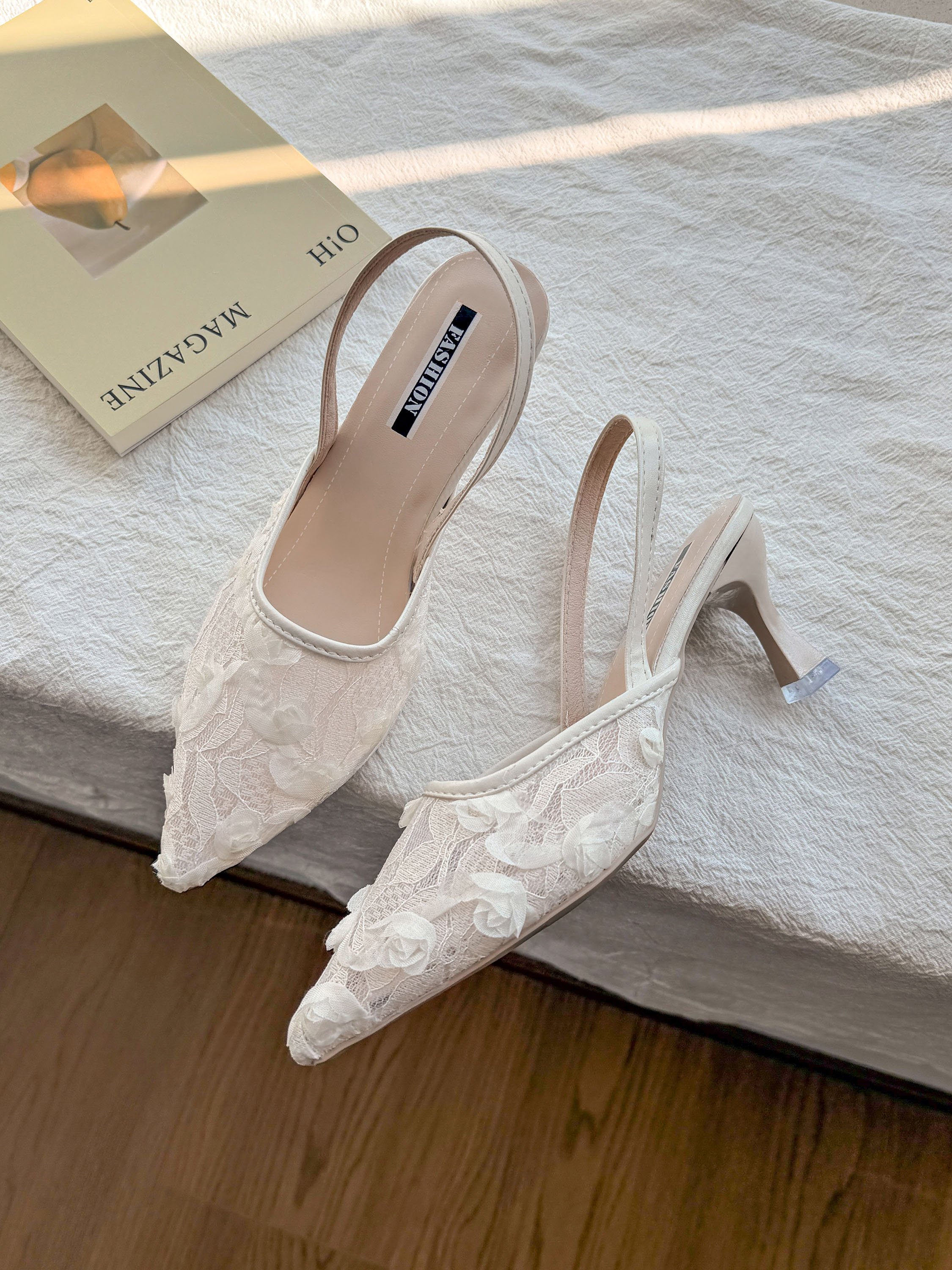 White Floral Lace Slingback Shoes