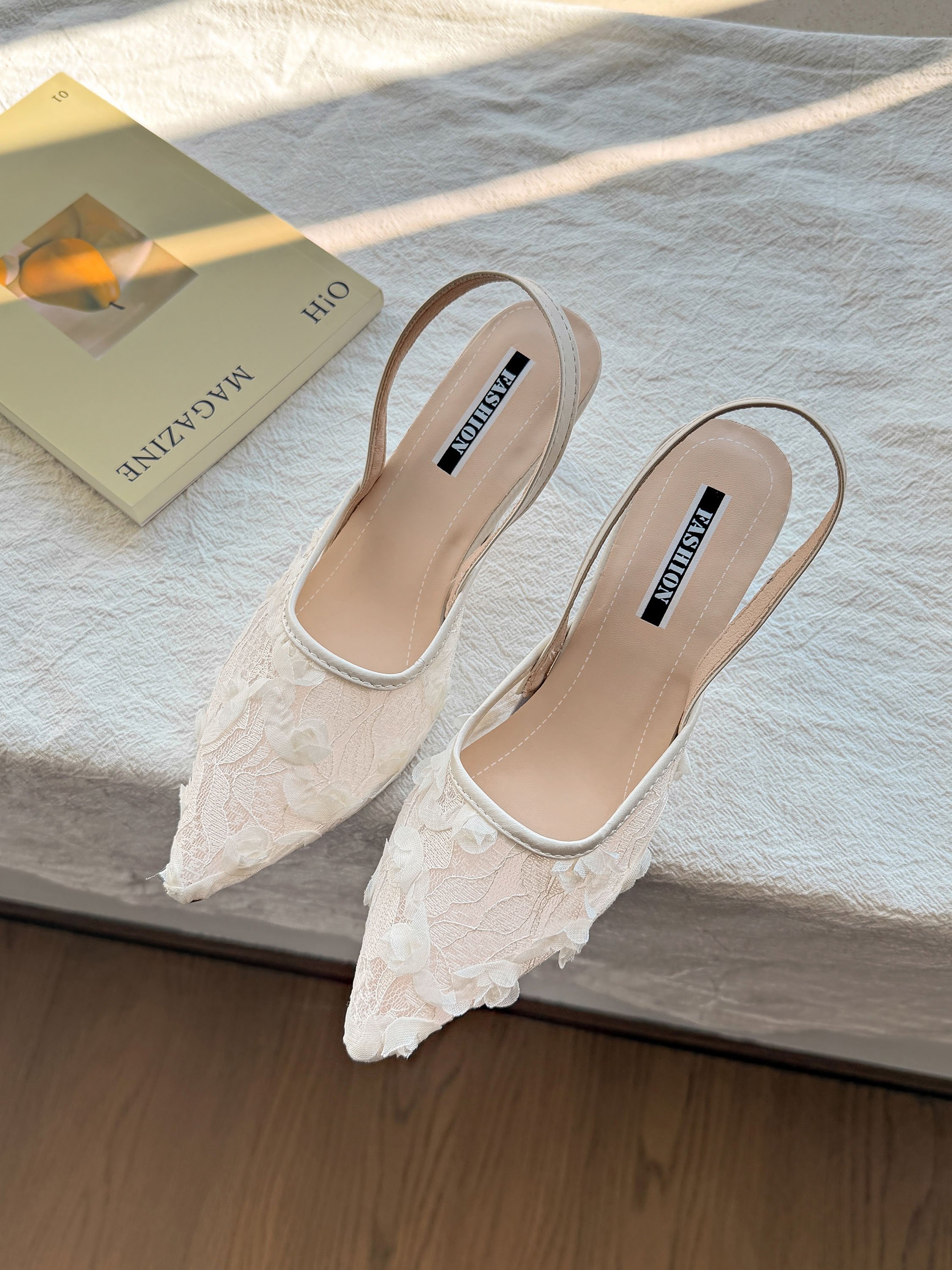 White Floral Lace Slingback Shoes