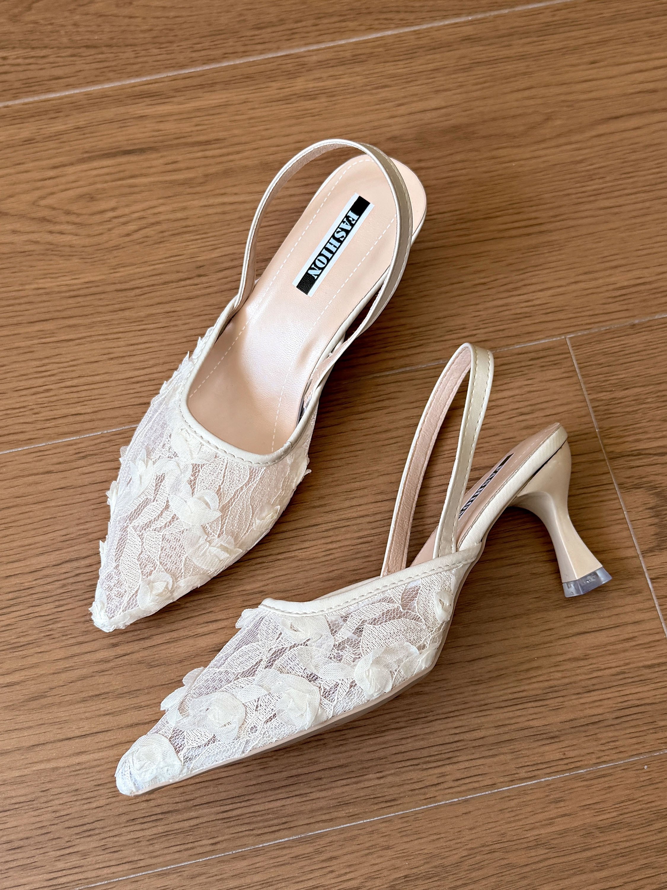White Floral Lace Slingback Shoes