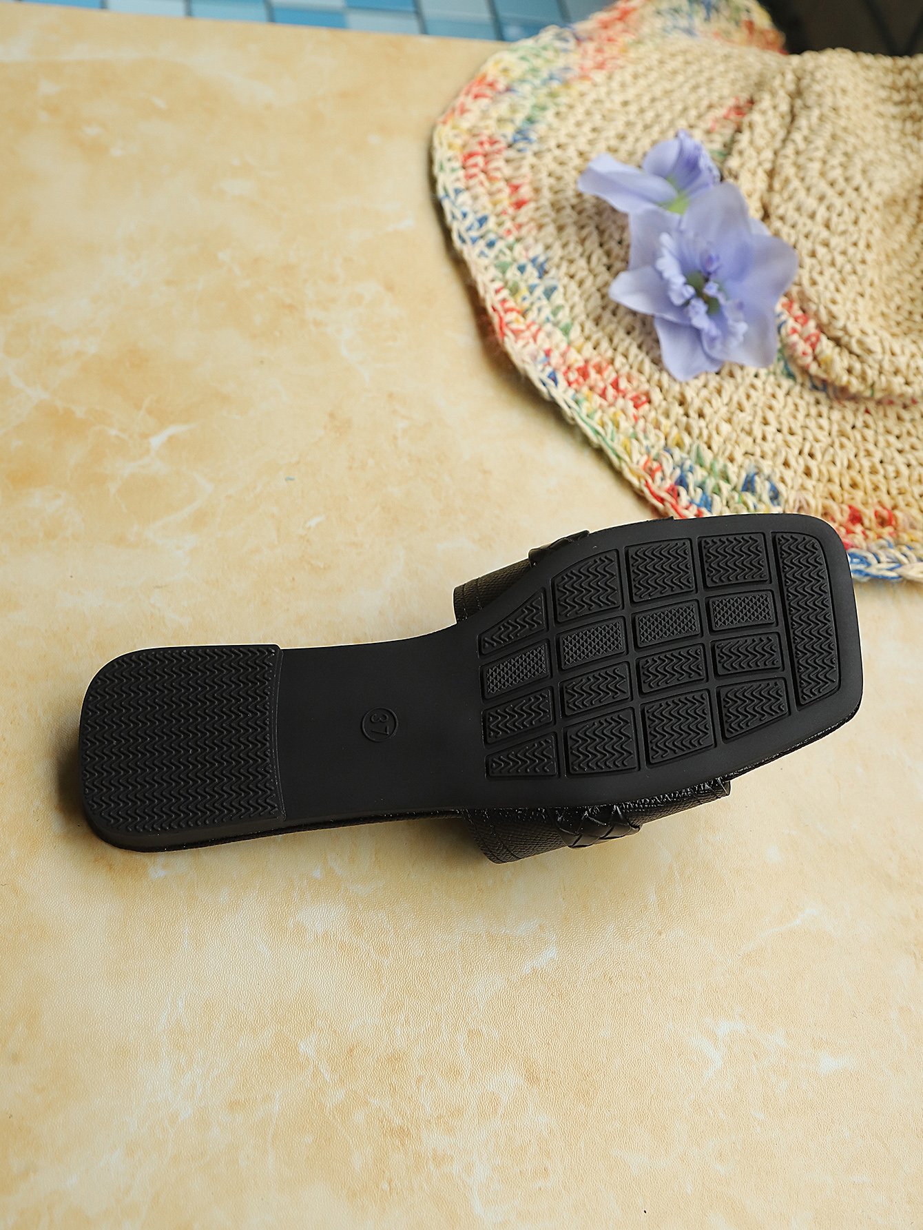 Black Flat Sandals with Buckle Detail