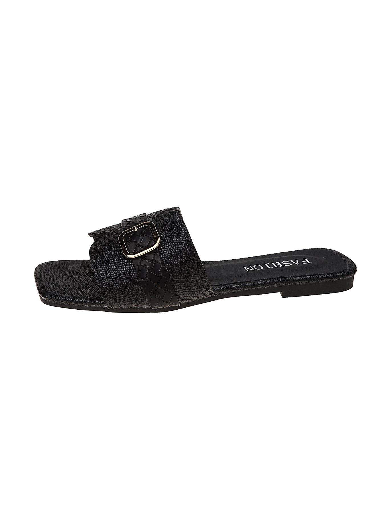 Black Flat Sandals with Buckle Detail
