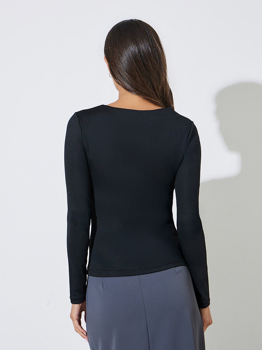 Black Solid Square Neck Long Sleeves Knit Top
