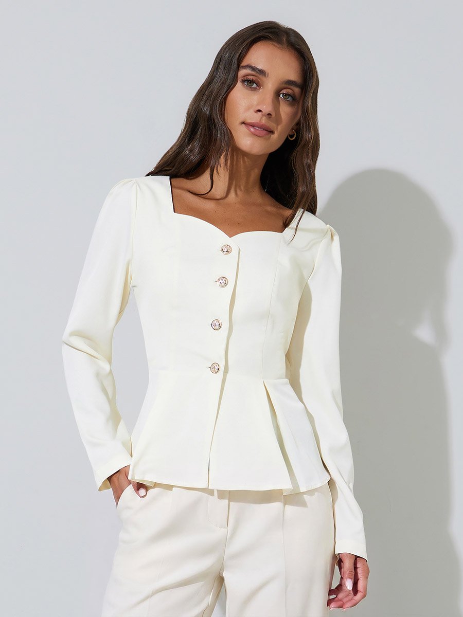 Off White Solid Pleated Detail Sweetheart Neck Peplum Top