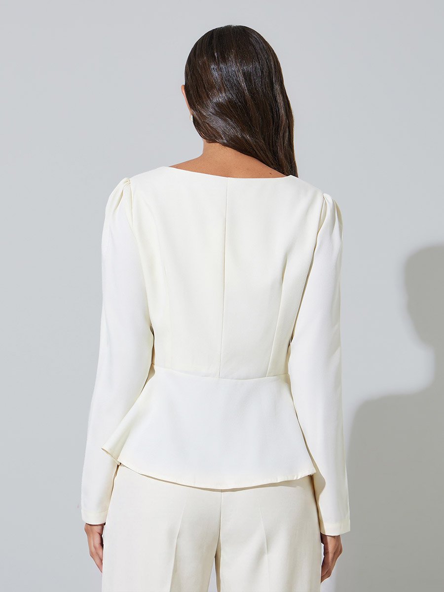 Off White Solid Pleated Detail Sweetheart Neck Peplum Top