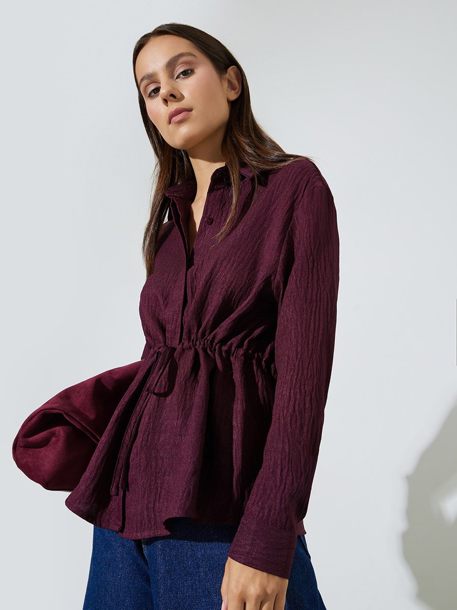Burgundy Solid Belted Waist Long Sleeves Shirt