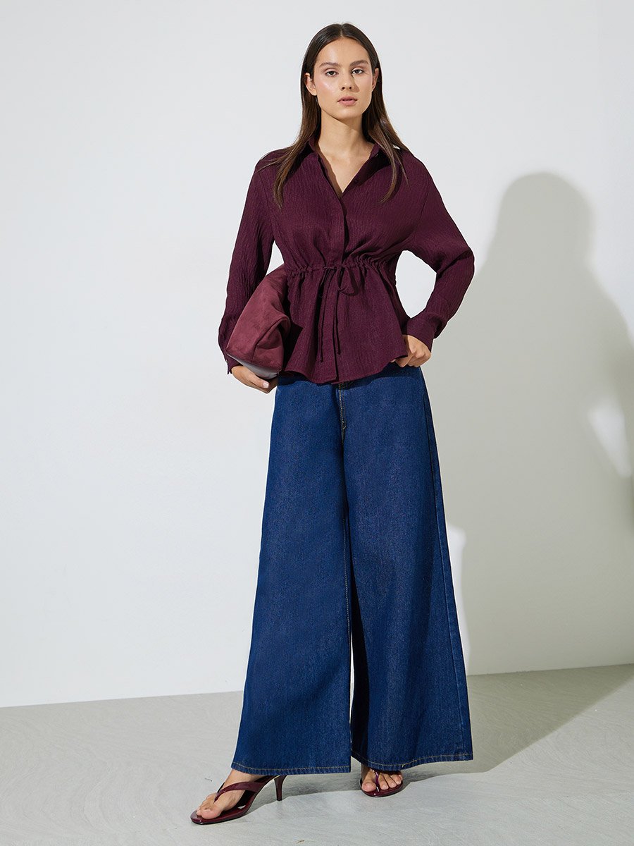 Burgundy Solid Belted Waist Long Sleeves Shirt