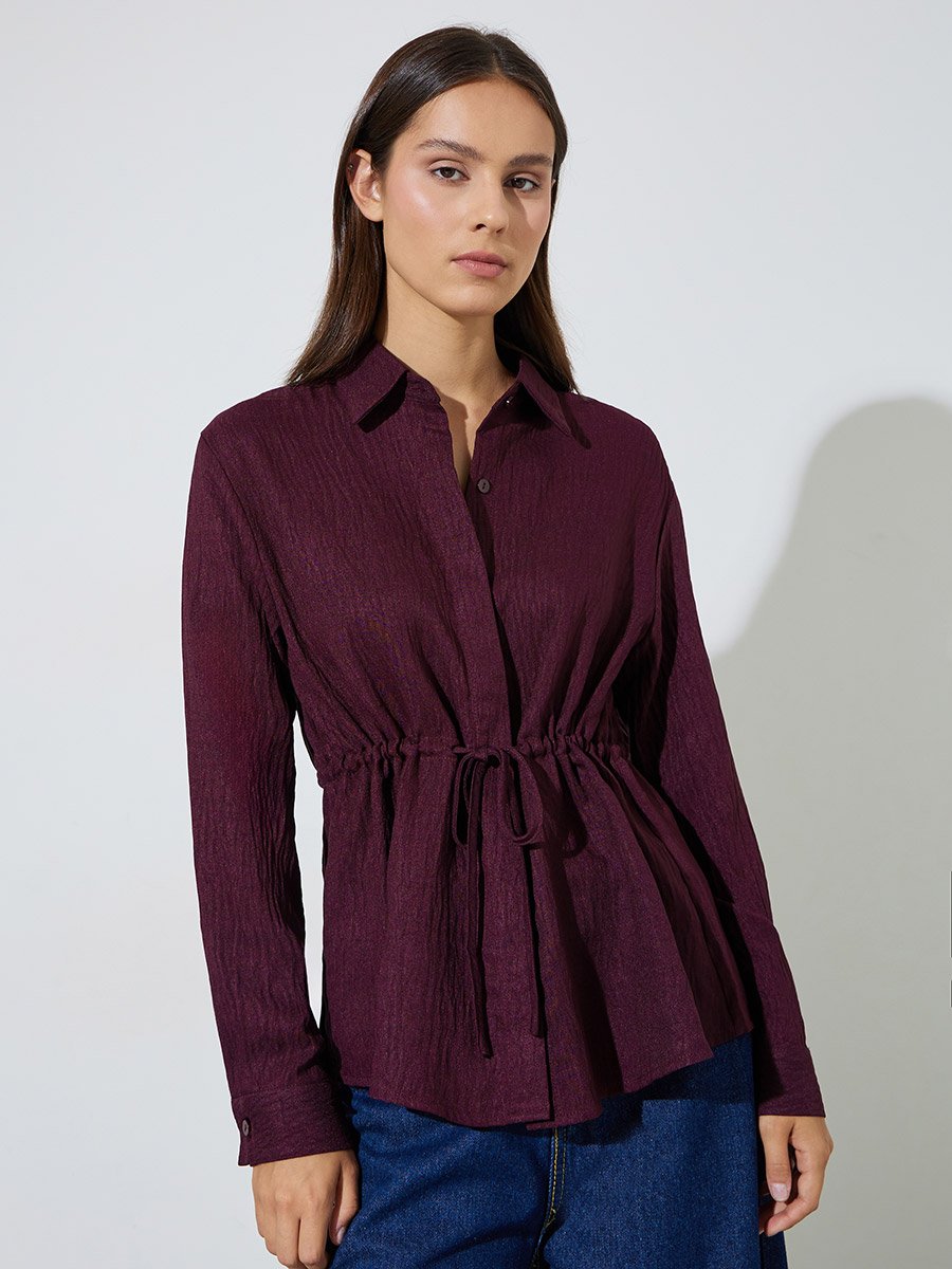 Burgundy Solid Belted Waist Long Sleeves Shirt