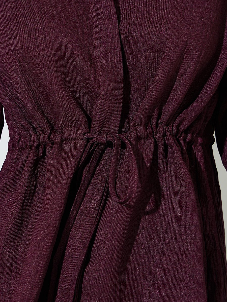 Burgundy Solid Belted Waist Long Sleeves Shirt