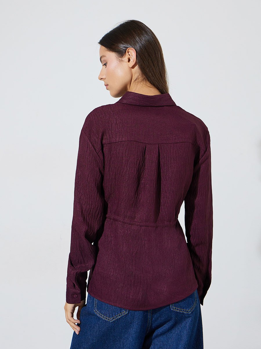 Burgundy Solid Belted Waist Long Sleeves Shirt