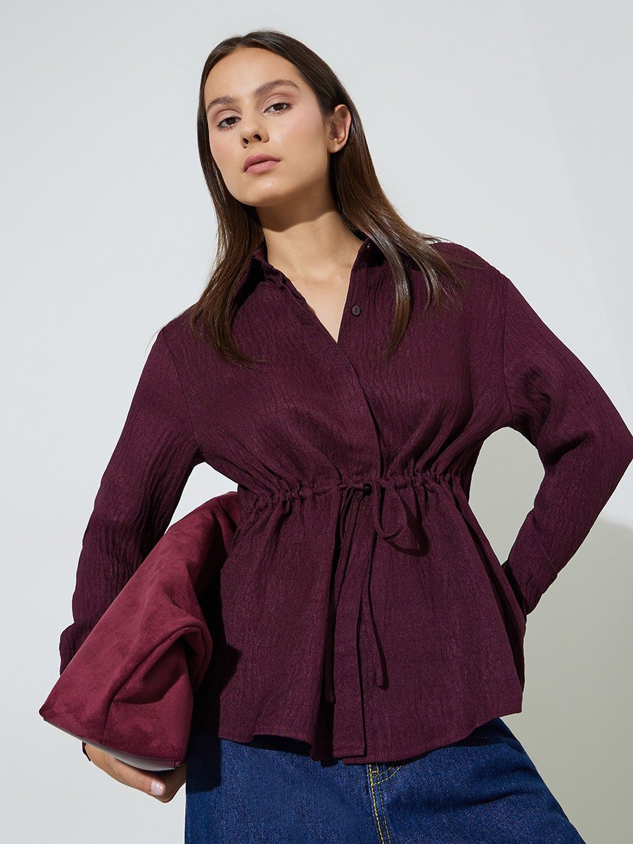 Burgundy Solid Belted Waist Long Sleeves Shirt